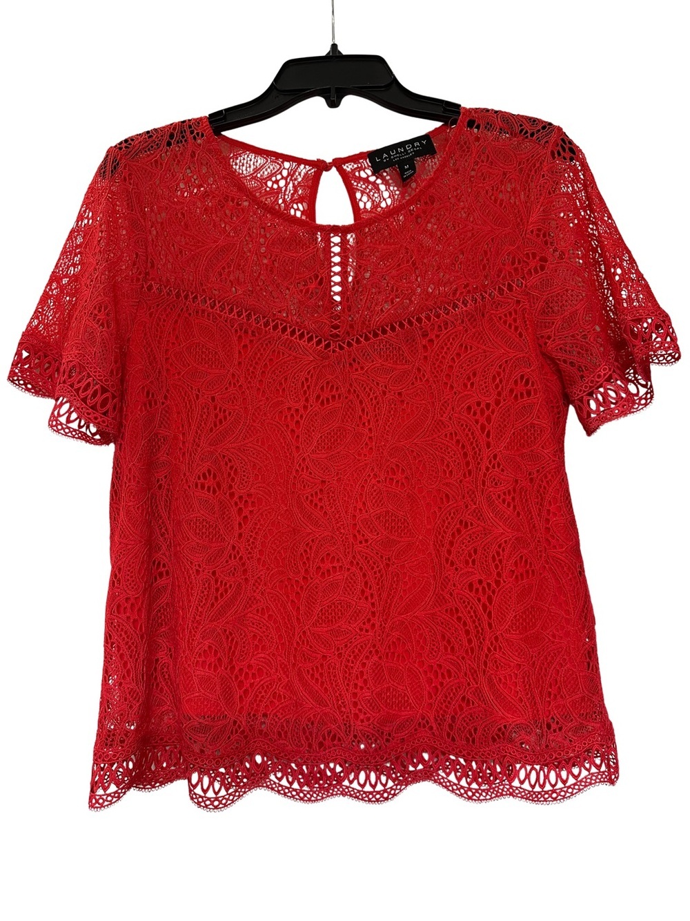 Laundry by Shelli Segal Red Lace Crochet Flutter Sleeve Top Medium